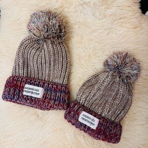 Set of 2! Knit Hat with Pompom, matching set, multi colour